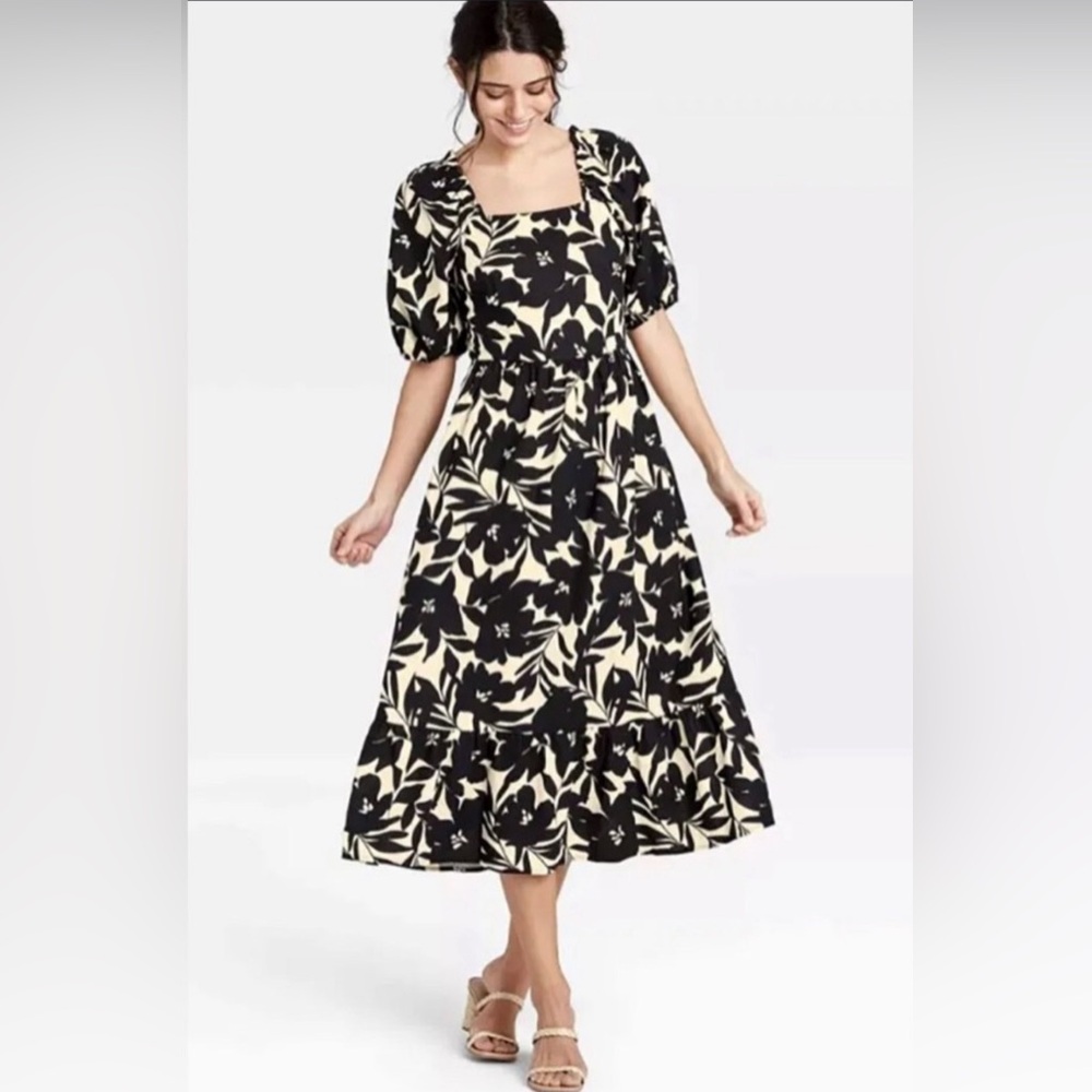 Who What Wear tie back black & white floral Dress